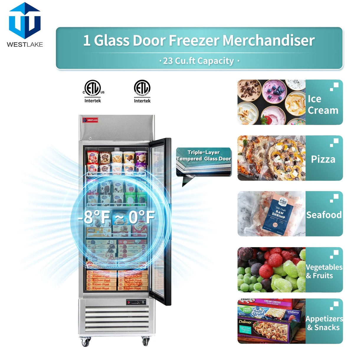 Westlake WK-23FG 27 In. Single Glass Door Merchandiser Freezer, 23 Cu. Ft., Stainless Steel, R290