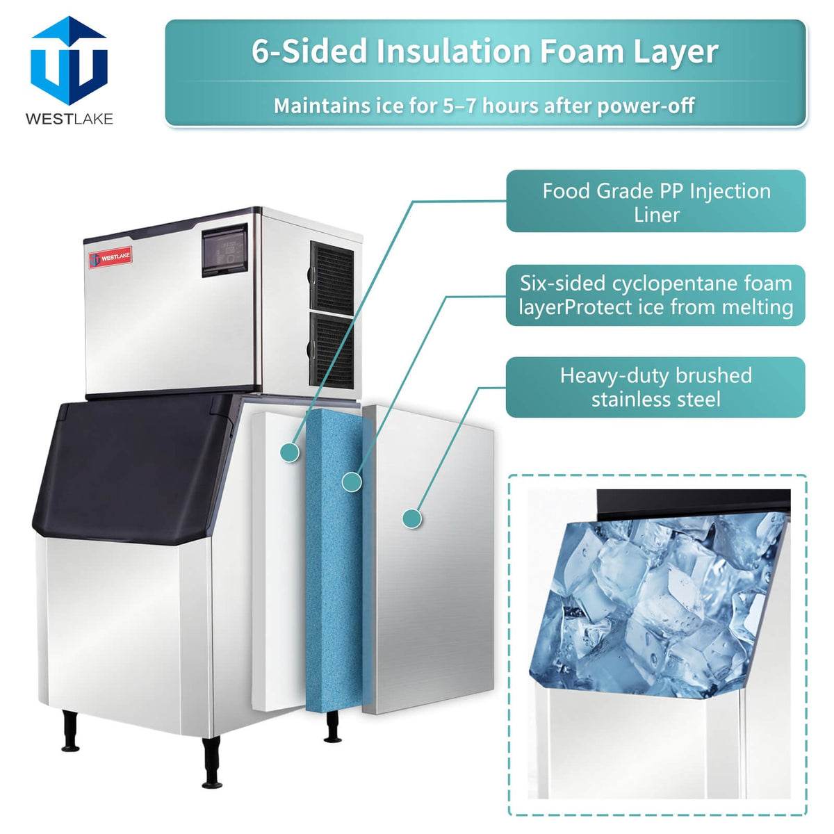 Westlake SK-729 700 lb. Ice Machine with Bin, Full Cube, Air Cooled, 440 lb. Storage