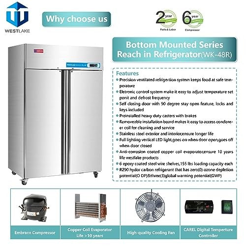 Westlake WK-48R 48 In. Two-Section Reach-In Refrigerator, 2 Solid Doors, Stainless Steel, 36 Cu. Ft.