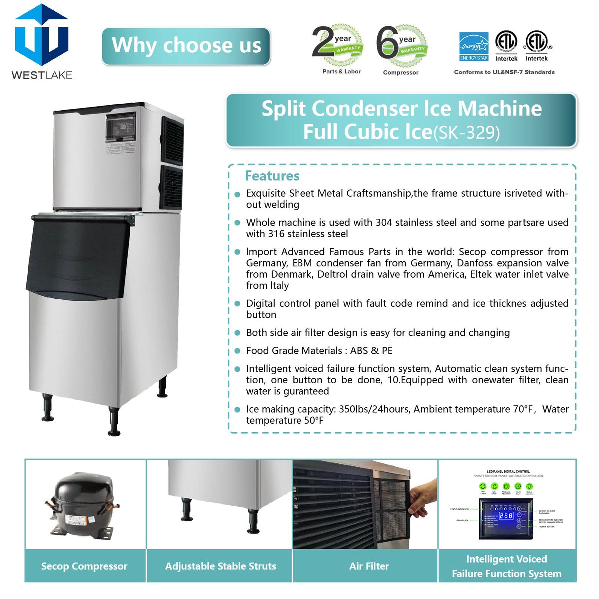 Westlake SK-329 350 lb. Ice Machine with Bin, Full Cube, Air Cooled, 308 lb. Storage