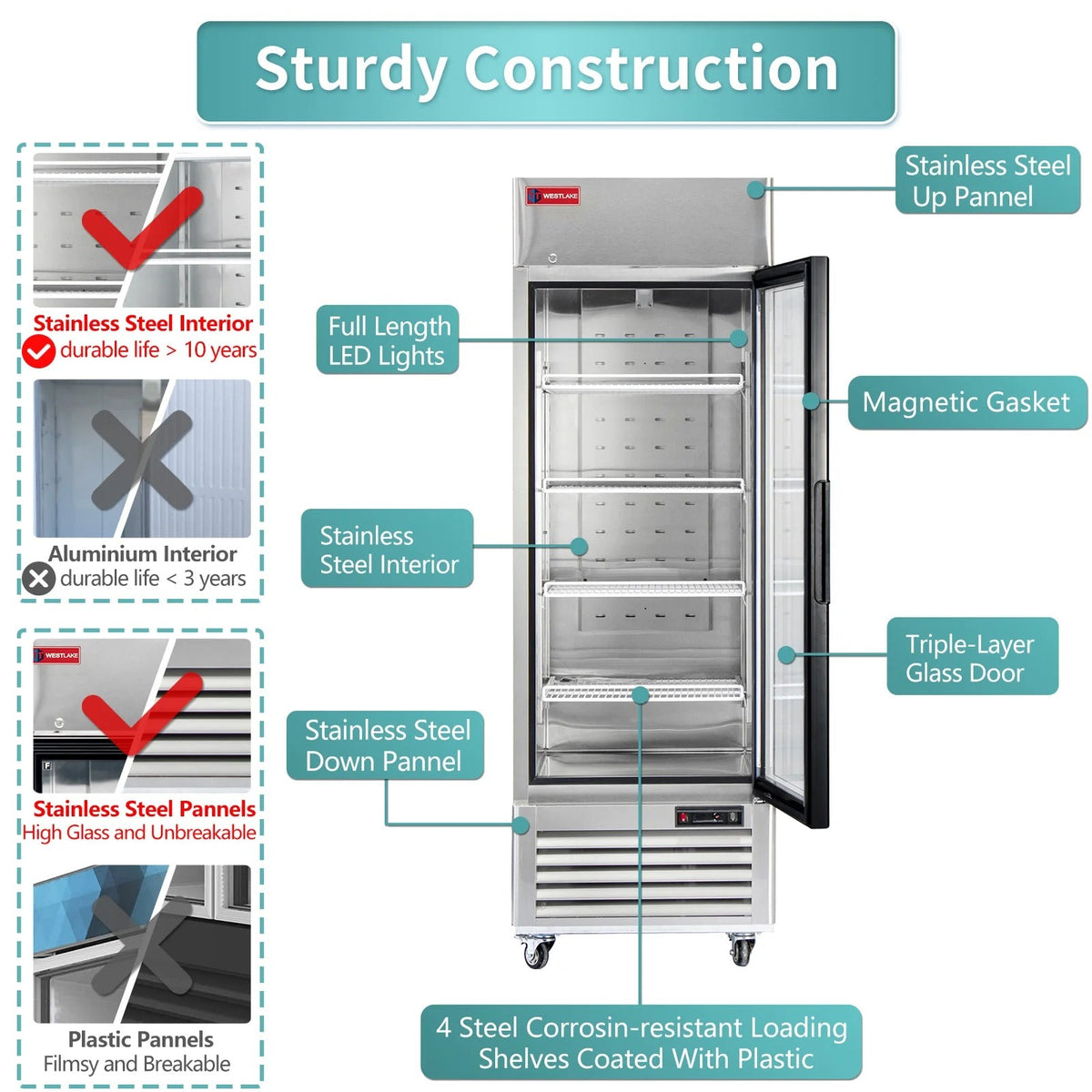 Westlake WK-23FG 27 In. Single Glass Door Merchandiser Freezer, 23 Cu. Ft., Stainless Steel, R290