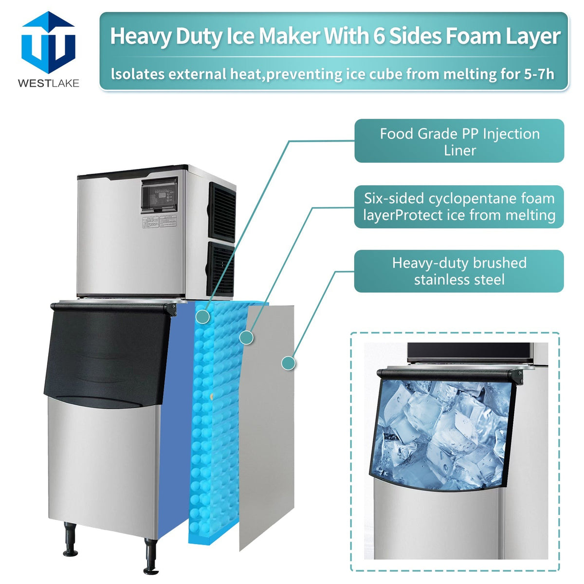 Westlake SK-329 350 lb. Ice Machine with Bin, Full Cube, Air Cooled, 308 lb. Storage