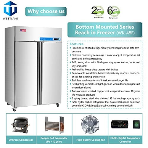 Westlake WK-48F 48 In. Two-Section Reach-In Freezer, 2 Solid Doors, Stainless Steel, 36 Cu. Ft.