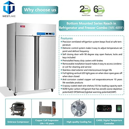Westlake WK-48RF 48 In. Dual Temperature Reach-In Refrigerator Freezer Combo, 2 Solid Doors, Stainless Steel, 36 Cu. Ft.