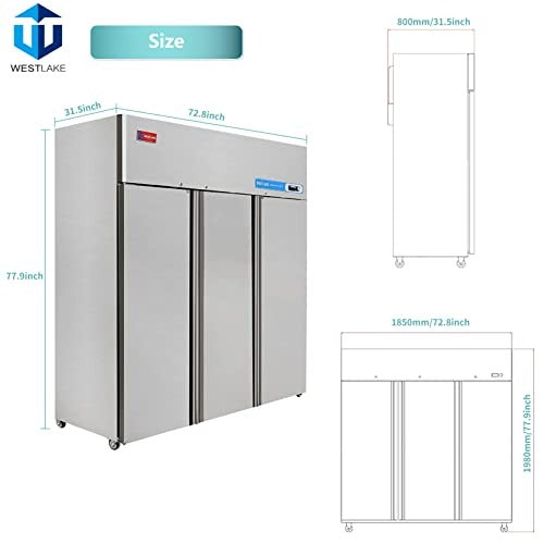 Westlake WK-72F 73 In. Three-Section Reach-In Freezer, 3 Solid Doors, Stainless Steel, 54 Cu. Ft.