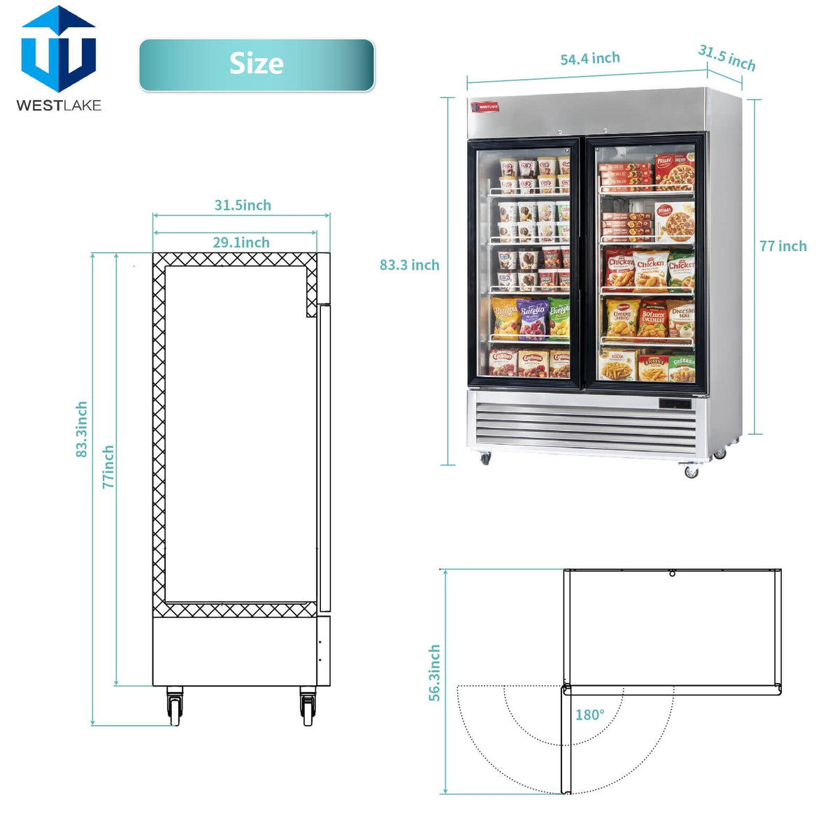 Westlake WK-49FG 54 In. Two Glass Door Merchandiser Freezer, 49 Cu. Ft., Stainless Steel, R290