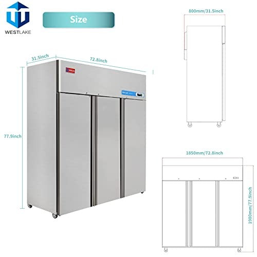 Westlake WK-72R 73 In. Three-Section Reach-In Refrigerator, 3 Solid Doors, Stainless Steel, 54 Cu. Ft.
