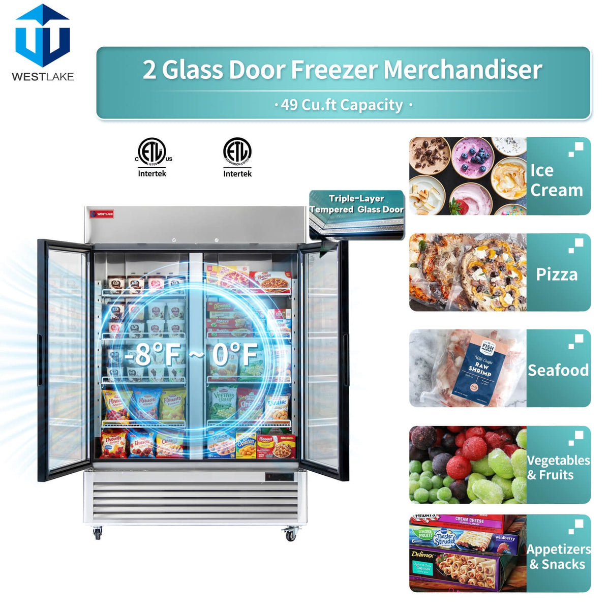 Westlake WK-49FG 54 In. Two Glass Door Merchandiser Freezer, 49 Cu. Ft., Stainless Steel, R290