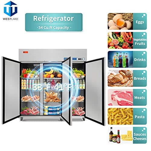 Westlake WK-72R 73 In. Three-Section Reach-In Refrigerator, 3 Solid Doors, Stainless Steel, 54 Cu. Ft.