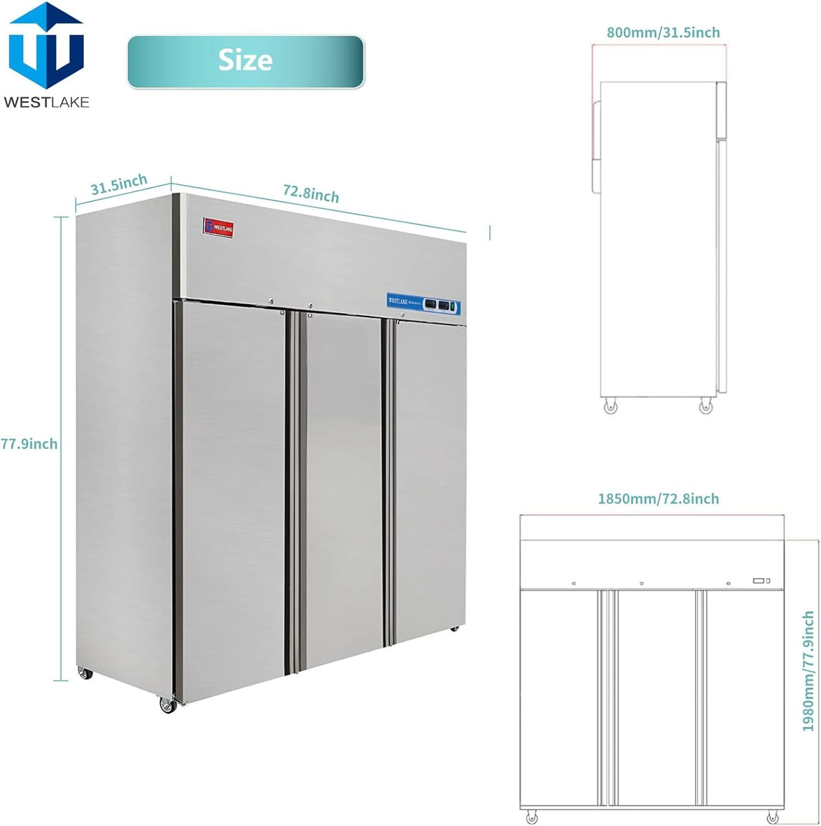 Westlake WK-72RF 73 In. Dual Temperature Reach-In Refrigerator Freezer Combo, 3 Solid Doors, Stainless Steel, 54 Cu. Ft.