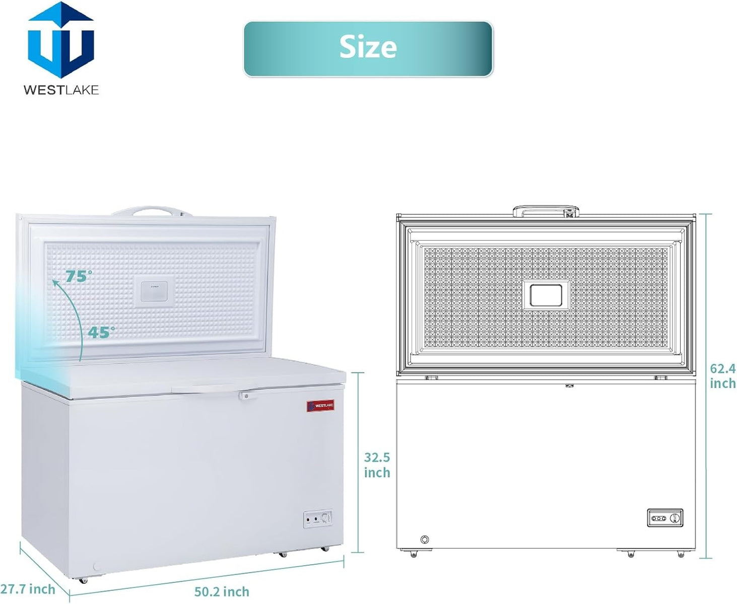 Westlake WK-BD355 12.2 Cu. Ft. Chest Freezer, Solid Hinged Lid, Lock, LED Light