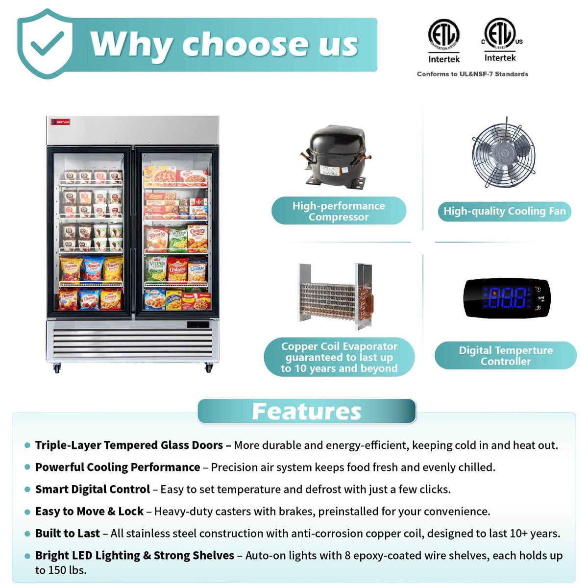 Westlake WK-49FG 54 In. Two Glass Door Merchandiser Freezer, 49 Cu. Ft., Stainless Steel, R290