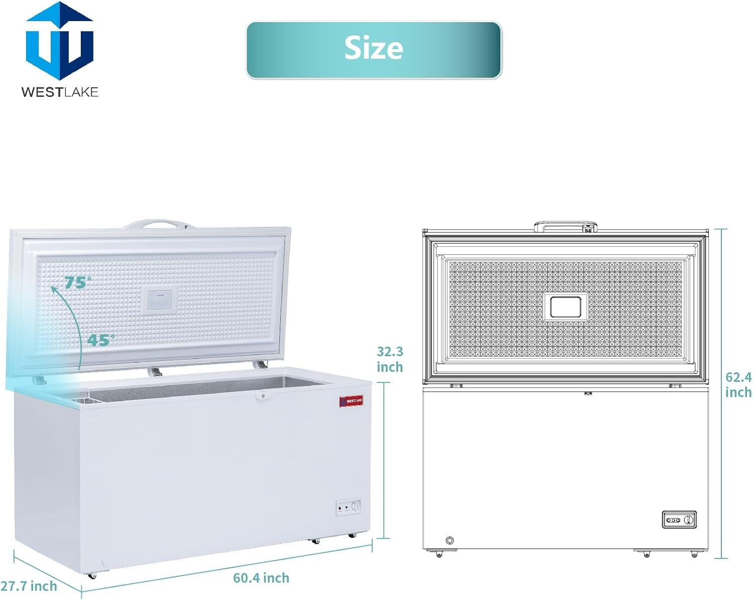 Westlake WK-BD445 15.4 Cu. Ft. Chest Freezer, Solid Hinged Lid, Lock, LED Light