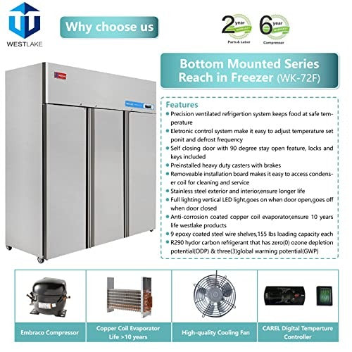 Westlake WK-72F 73 In. Three-Section Reach-In Freezer, 3 Solid Doors, Stainless Steel, 54 Cu. Ft.