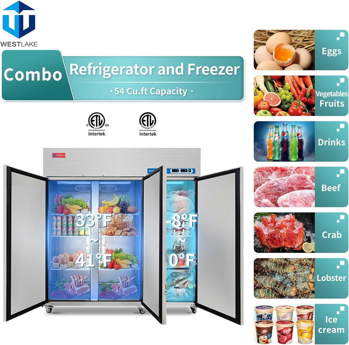 Westlake WK-72RF 73 In. Dual Temperature Reach-In Refrigerator Freezer Combo, 3 Solid Doors, Stainless Steel, 54 Cu. Ft.