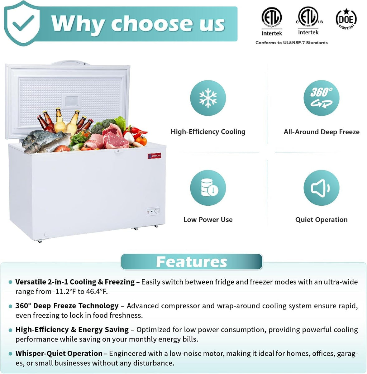 Westlake WK-BD355 12.2 Cu. Ft. Chest Freezer, Solid Hinged Lid, Lock, LED Light