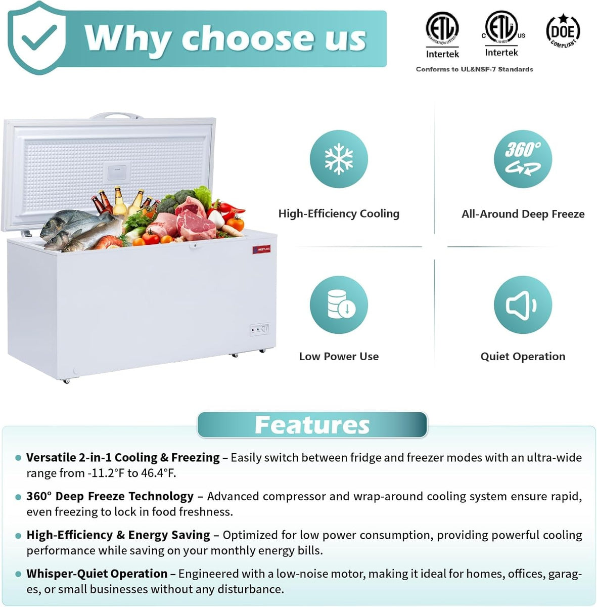 Westlake WK-BD445 15.4 Cu. Ft. Chest Freezer, Solid Hinged Lid, Lock, LED Light