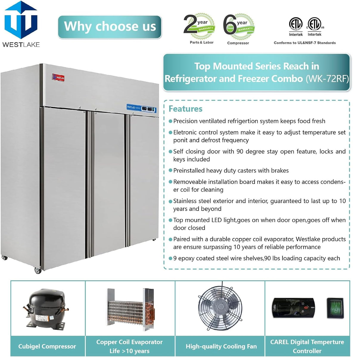 Westlake WK-72RF 73 In. Dual Temperature Reach-In Refrigerator Freezer Combo, 3 Solid Doors, Stainless Steel, 54 Cu. Ft.