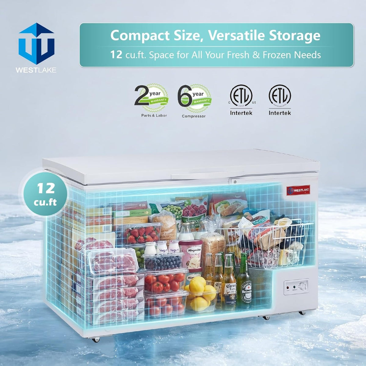 Westlake WK-BD355 12.2 Cu. Ft. Chest Freezer, Solid Hinged Lid, Lock, LED Light