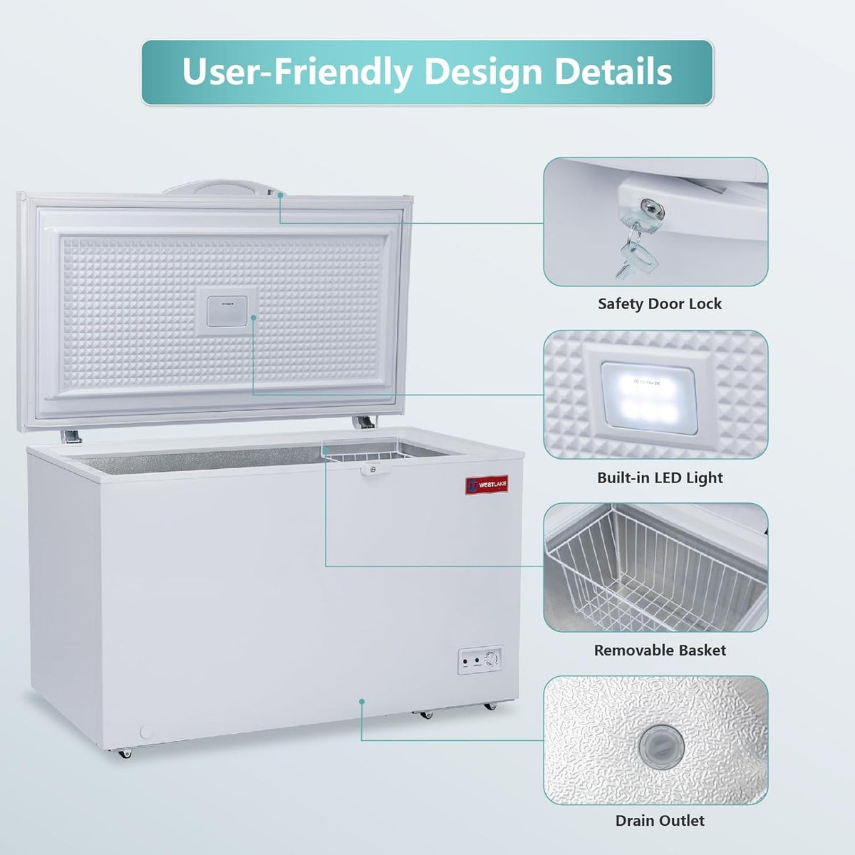 Westlake WK-BD355 12.2 Cu. Ft. Chest Freezer, Solid Hinged Lid, Lock, LED Light
