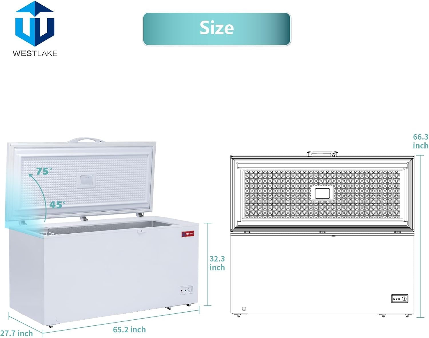 Westlake WK-BD505 17.2 Cu. Ft. Chest Freezer, Solid Hinged Lid, Lock, LED Light