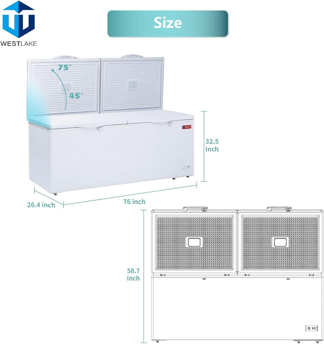 Westlake WK-BD600 20.4 Cu. Ft. Chest Freezer, 2 Solid Hinged Lids, Lock, LED Light