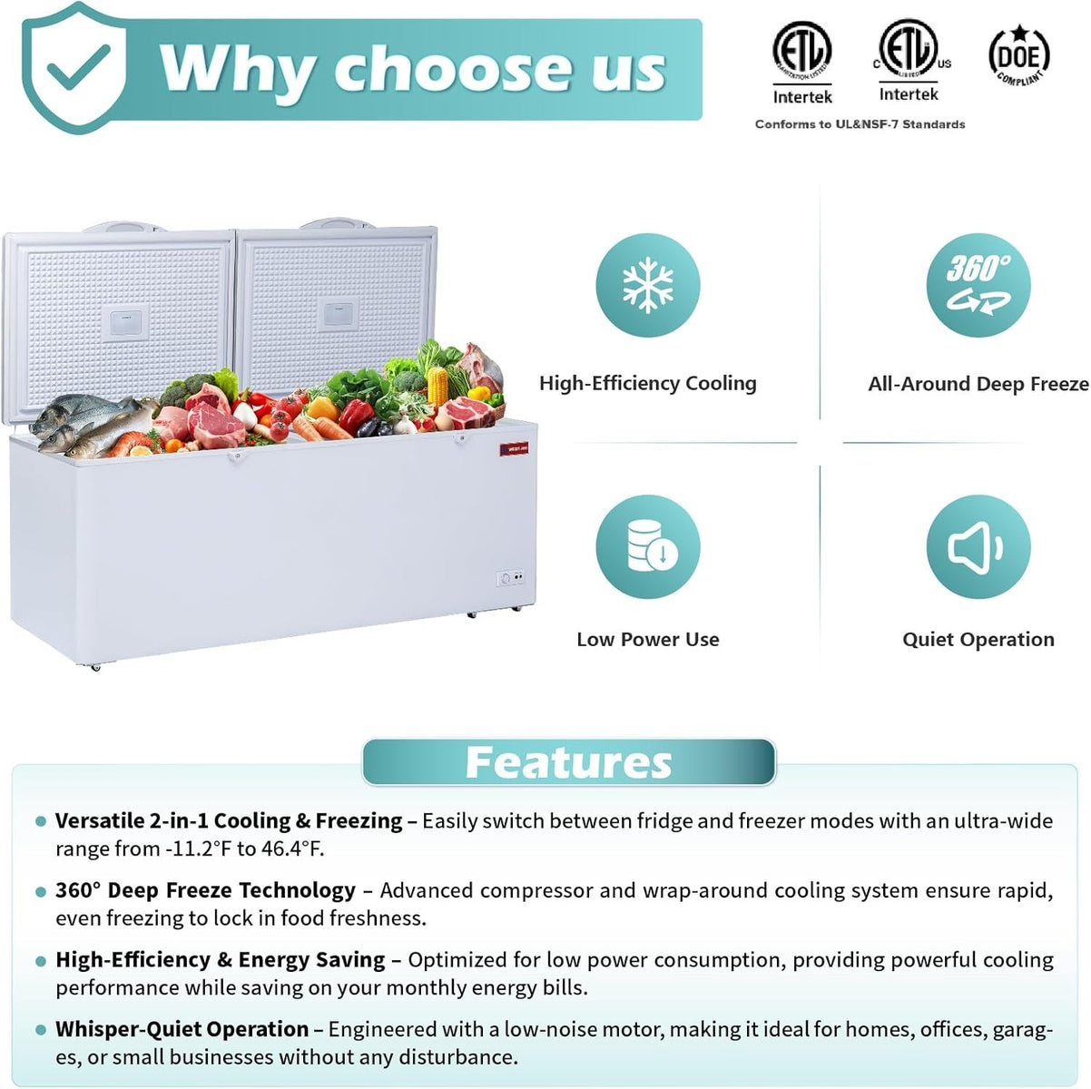 Westlake WK-BD600 20.4 Cu. Ft. Chest Freezer, 2 Solid Hinged Lids, Lock, LED Light