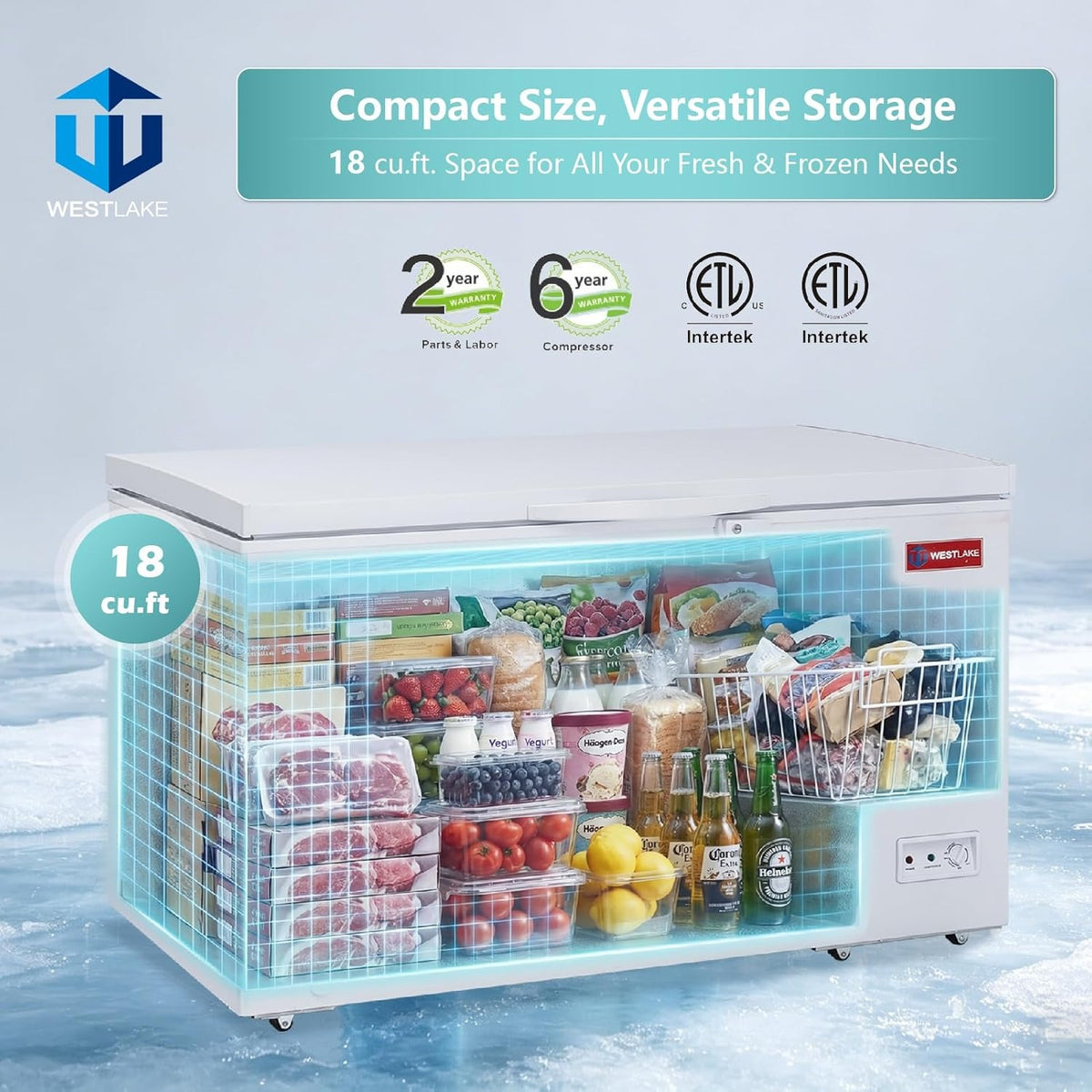 Westlake WK-BD505 17.2 Cu. Ft. Chest Freezer, Solid Hinged Lid, Lock, LED Light