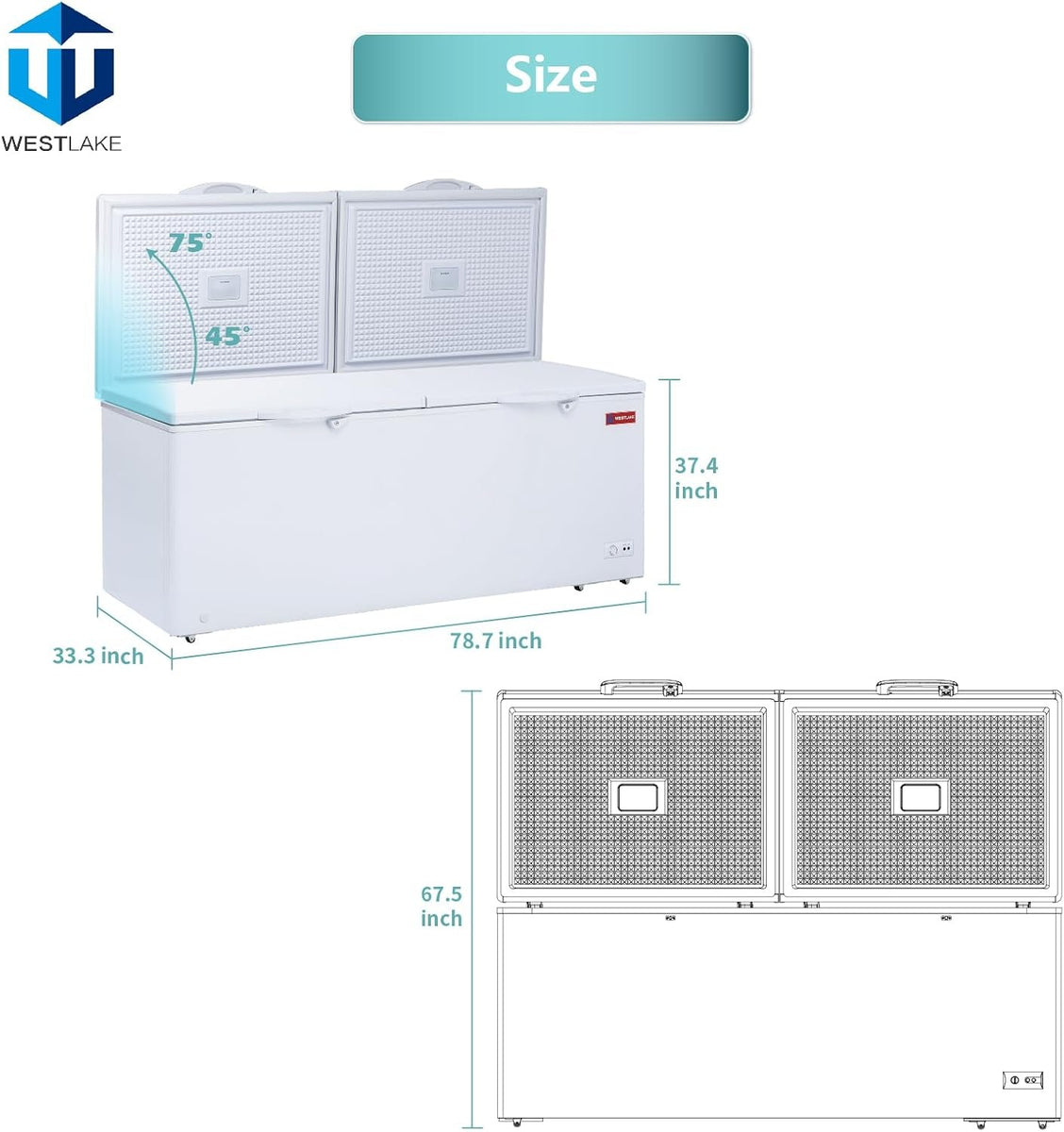 Westlake WK-BD850 30.0 Cu. Ft. Chest Freezer, 2 Solid Hinged Lids, Lock, LED Light