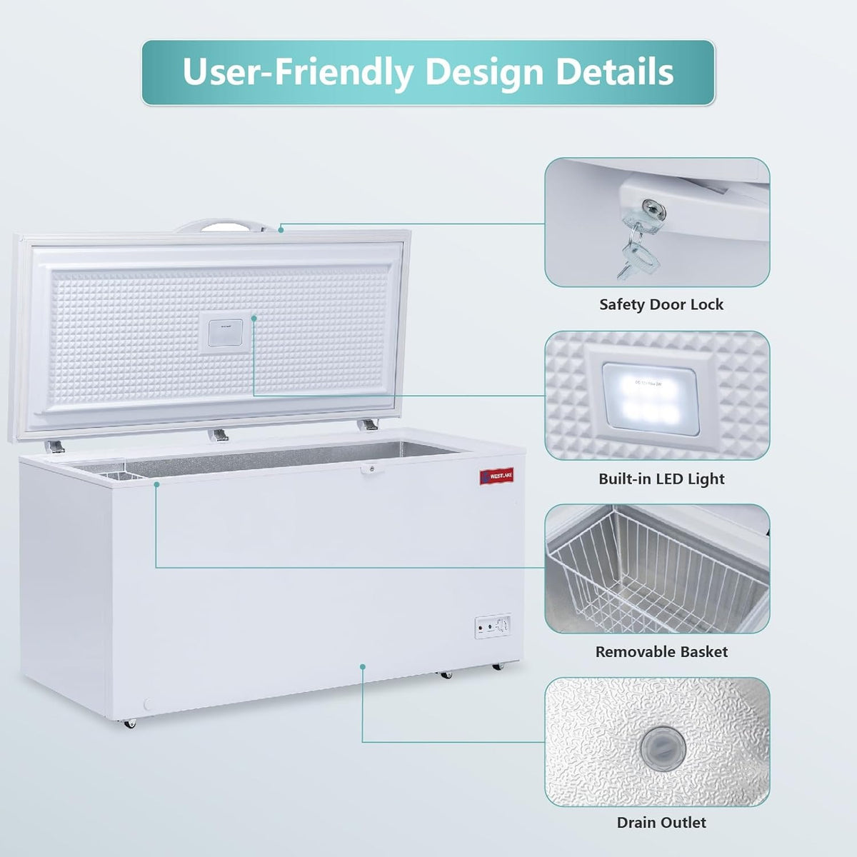 Westlake WK-BD505 17.2 Cu. Ft. Chest Freezer, Solid Hinged Lid, Lock, LED Light