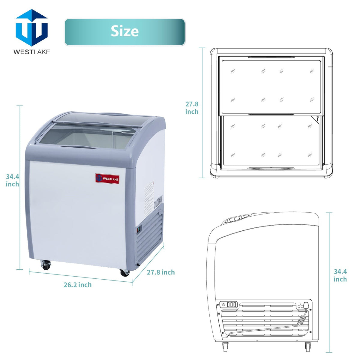 Westlake WK-SD150JY 26 In. Ice Cream Display Chest Freezer, Curved Glass Sliding Lids, 1 Basket, Casters