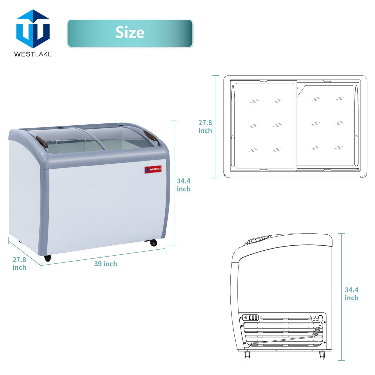 Westlake WK-SD260JY 39 In. Ice Cream Display Chest Freezer, Curved Glass Sliding Lids, 2 Baskets, Casters