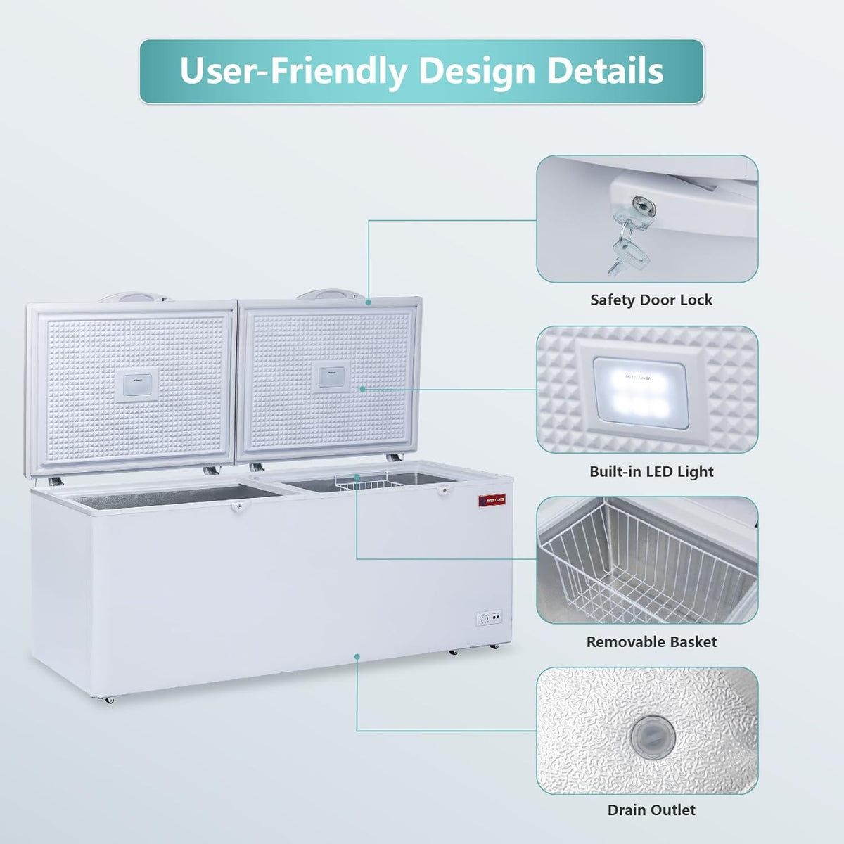 Westlake WK-BD700 23.9 Cu. Ft. Chest Freezer, 2 Solid Hinged Lids, Lock, LED Light