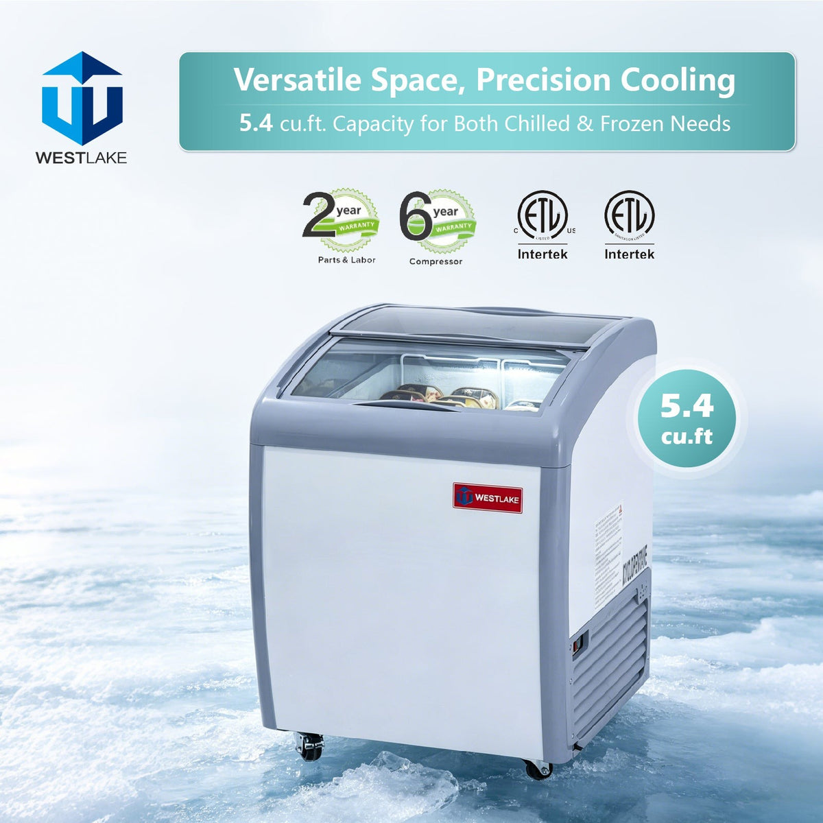 Westlake WK-SD150JY 26 In. Ice Cream Display Chest Freezer, Curved Glass Sliding Lids, 1 Basket, Casters