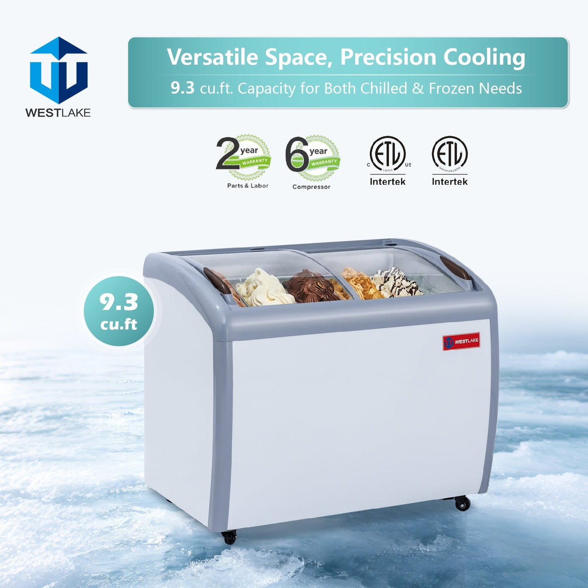 Westlake WK-SD260JY 39 In. Ice Cream Display Chest Freezer, Curved Glass Sliding Lids, 2 Baskets, Casters