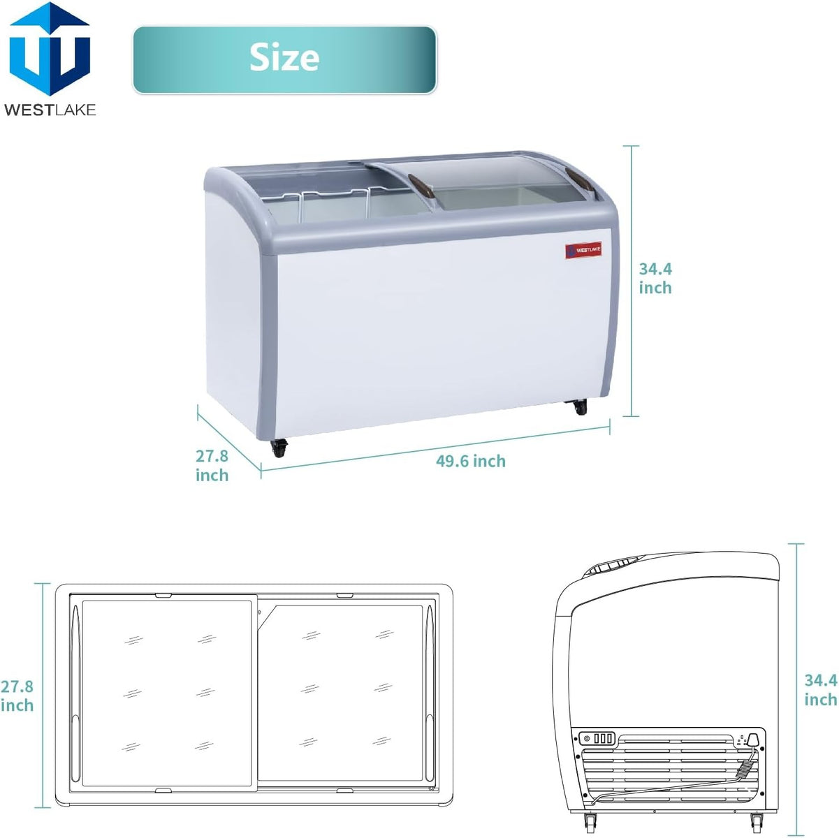 Westlake WK-SD360JY 50 In. Ice Cream Display Chest Freezer, Curved Glass Sliding Lids, 3 Baskets, Casters
