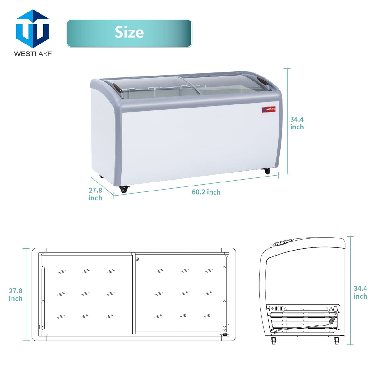 Westlake WK-SD460JY 60 In. Ice Cream Display Chest Freezer, Curved Glass Sliding Lids, 4 Baskets, Casters