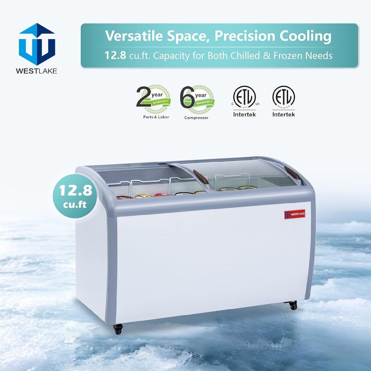 Westlake WK-SD360JY 50 In. Ice Cream Display Chest Freezer, Curved Glass Sliding Lids, 3 Baskets, Casters