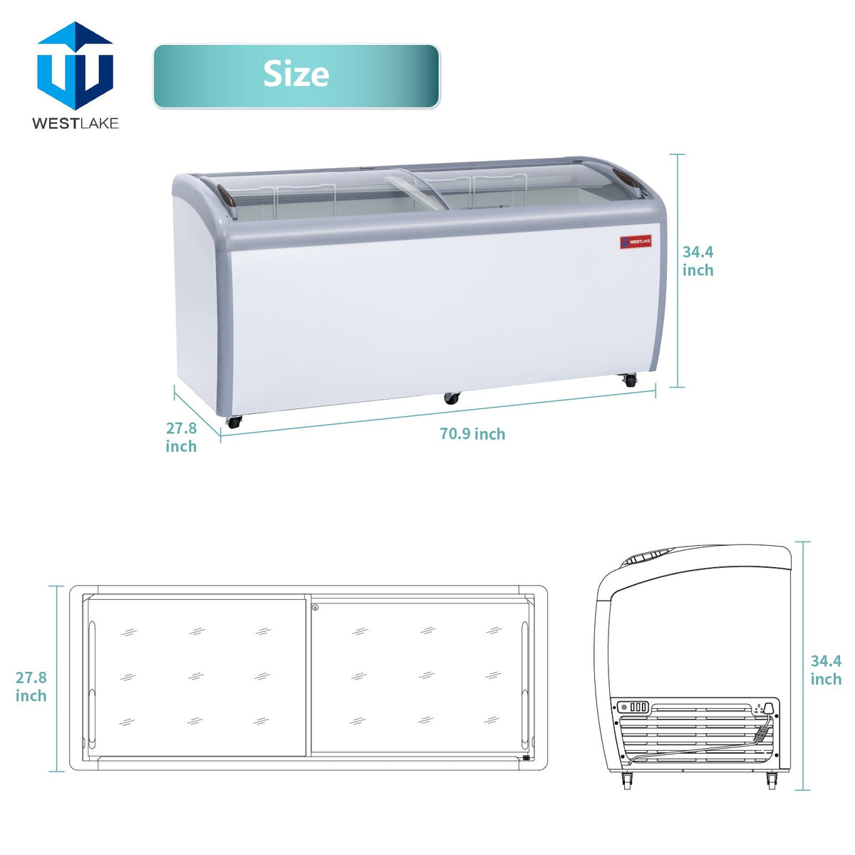 Westlake WK-SD560JY 71 In. Ice Cream Display Chest Freezer, Curved Glass Sliding Lids, 5 Baskets, Casters