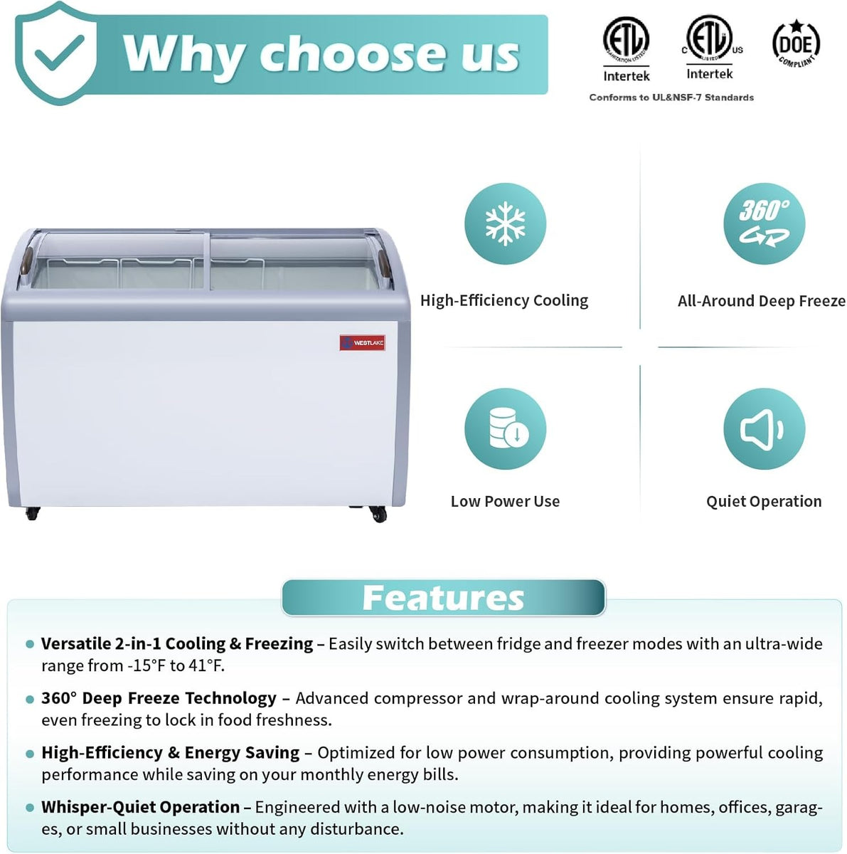 Westlake WK-SD360JY 50 In. Ice Cream Display Chest Freezer, Curved Glass Sliding Lids, 3 Baskets, Casters