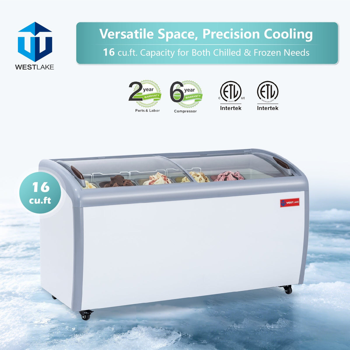 Westlake WK-SD460JY 60 In. Ice Cream Display Chest Freezer, Curved Glass Sliding Lids, 4 Baskets, Casters