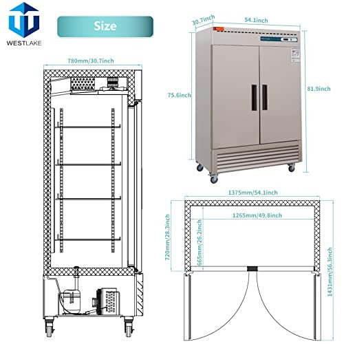 Westlake WKF-49B 54 In. Solid Door Reach-In Freezer, 49 Cu. Ft., 2 Doors, Stainless Steel