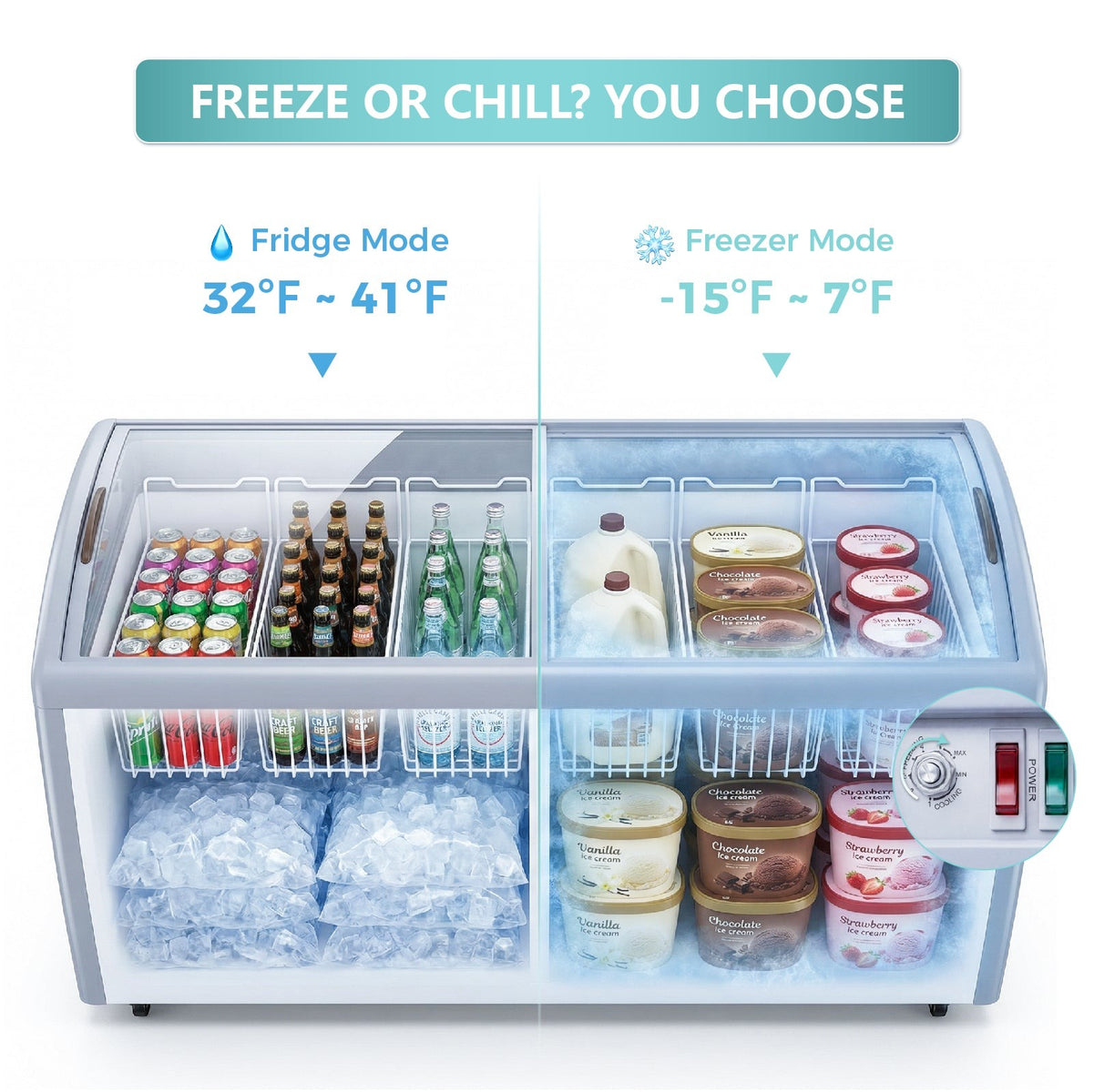Westlake WK-SD460JY 60 In. Ice Cream Display Chest Freezer, Curved Glass Sliding Lids, 4 Baskets, Casters