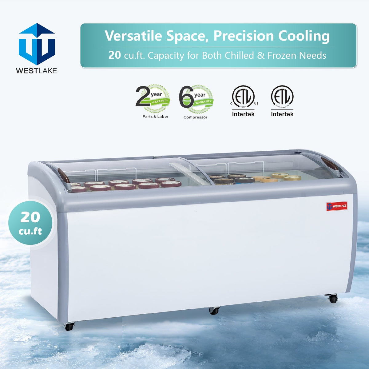Westlake WK-SD560JY 71 In. Ice Cream Display Chest Freezer, Curved Glass Sliding Lids, 5 Baskets, Casters