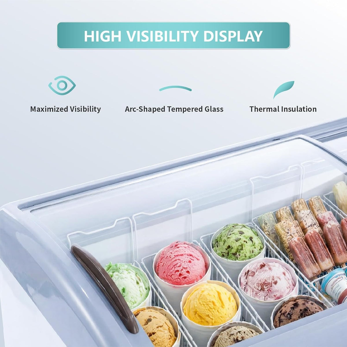 Westlake WK-SD360JY 50 In. Ice Cream Display Chest Freezer, Curved Glass Sliding Lids, 3 Baskets, Casters
