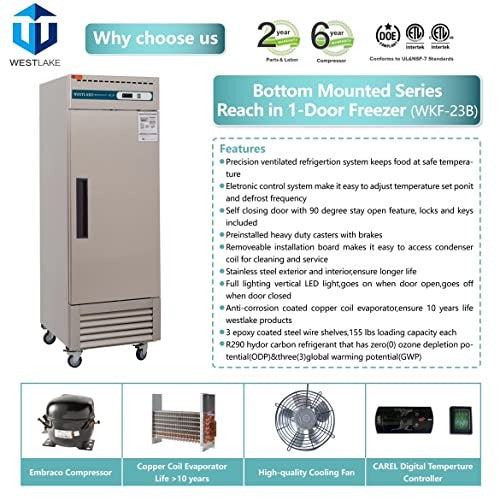 Westlake WKF-23B 27 In. Solid Door Reach-In Freezer, 23 Cu. Ft., 1 Door, Stainless Steel