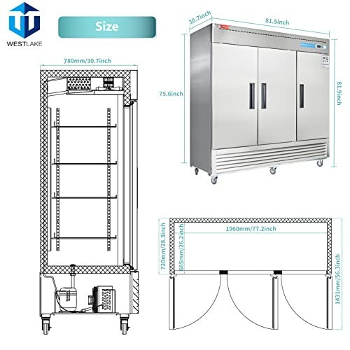 Westlake WKF-82B 82 In. Solid Door Reach-In Freezer, 72 Cu. Ft., 3 Doors, Stainless Steel