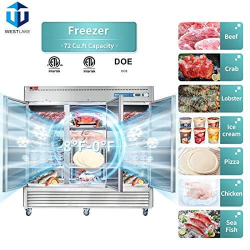 Westlake WKF-82B 82 In. Solid Door Reach-In Freezer, 72 Cu. Ft., 3 Doors, Stainless Steel