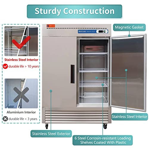 Westlake WKF-49B 54 In. Solid Door Reach-In Freezer, 49 Cu. Ft., 2 Doors, Stainless Steel