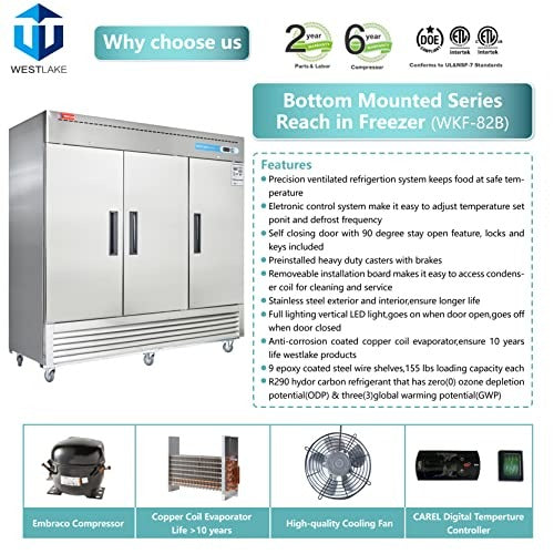 Westlake WKF-82B 82 In. Solid Door Reach-In Freezer, 72 Cu. Ft., 3 Doors, Stainless Steel